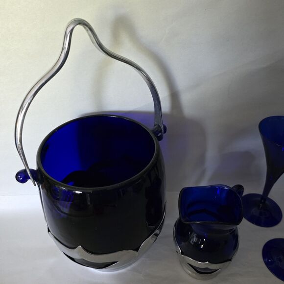 Lot Vintage Farber Bros Cobalt Blue Glass Ice Bucket, Creamer Art Deco 4 Glasses - Picture 7 of 16